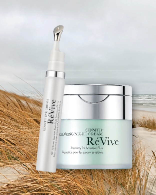 RéVive Skincare’s newly unveiled Sensitif collection includes an eye cream SPF 30 broad-spectrum (UVA/UVB) sunscreen PA    and repairing night cream. PRODUCT PHOTO COURTESY OF BRAND; BACKGROUND PHOTO BY IRINA-SHISHKINA/UNSPLASH