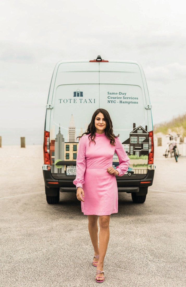 Tote Taxi founder Danielle Candela with her company’s beautifully branded Mercedes Sprinter van PHOTO BY HEATHER HUIE