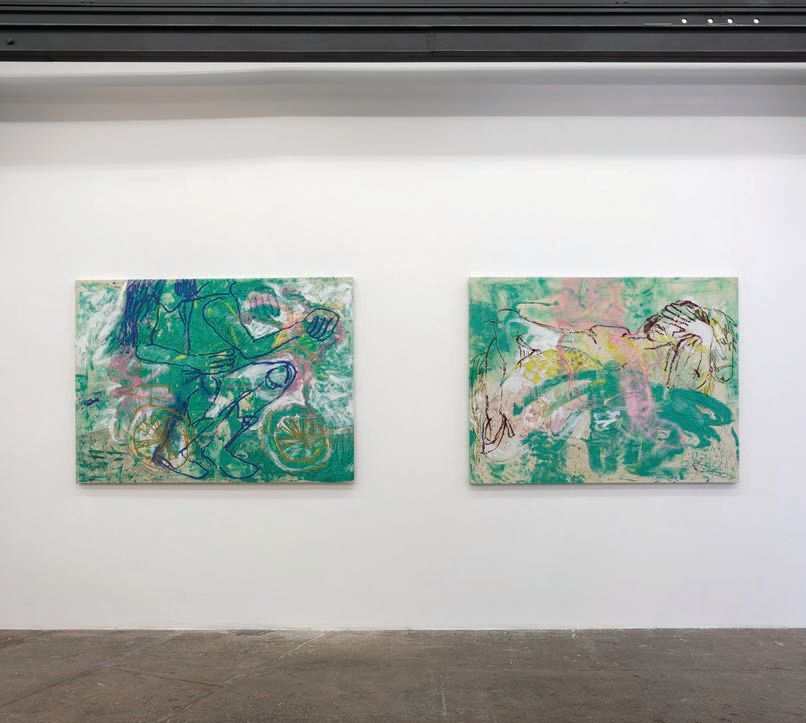 From left: Dylan Rose Rheingold, “Hog Flee” (2022, acrylic, oil stick, latex, pastel, colored pencil on canvas), 71 inches by 57 inches; “On a Horse with No Name” (2023, acrylic, oil stick, latex, spray paint on canvas), 71 inches by 57 inches. PHOTOS COURTESY OF T293 GALLERY