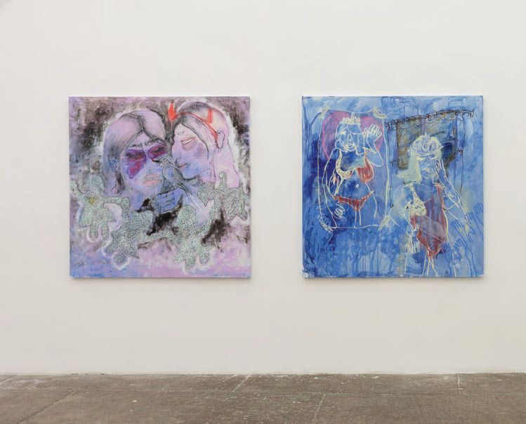 From left: Dylan Rose Rheingold, “Two Sides of the Same Coin” (2023, acrylic, sumi ink, charcoal pigment, marker, glitter on canvas), 65 inches by 65 inches; “Fairest of the Fair She Is” (2023, acrylic, oil stick, pastel, marker on canvas), 65 inches by 65 inches. PHOTOS COURTESY OF T293 GALLERY