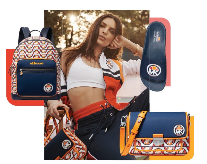 Clockwise from top left: MK x Ellesse Hudson printed canvas backpack; Emily Ratajkowski wearing the MK x Ellesse striped woven track jacket; MK x Ellesse Jake rubber slide sandal; MK x Ellesse Bradshaw printed canvas and scuba messenger bag. PHOTOS COURTESY OF MICHAEL KORS